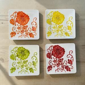Laurie Gates Floral Red Yellow Green Square Dessert Melamine Plates Set of Four